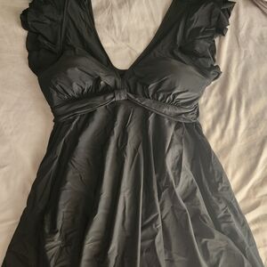 Plus Size Elegant Black Swim Dress with Ruffle Sleeves